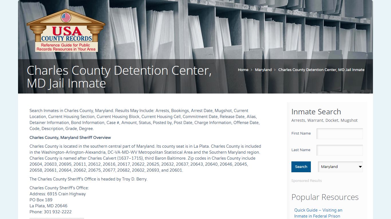 Charles County Detention Center, MD Jail Inmate | Name Search